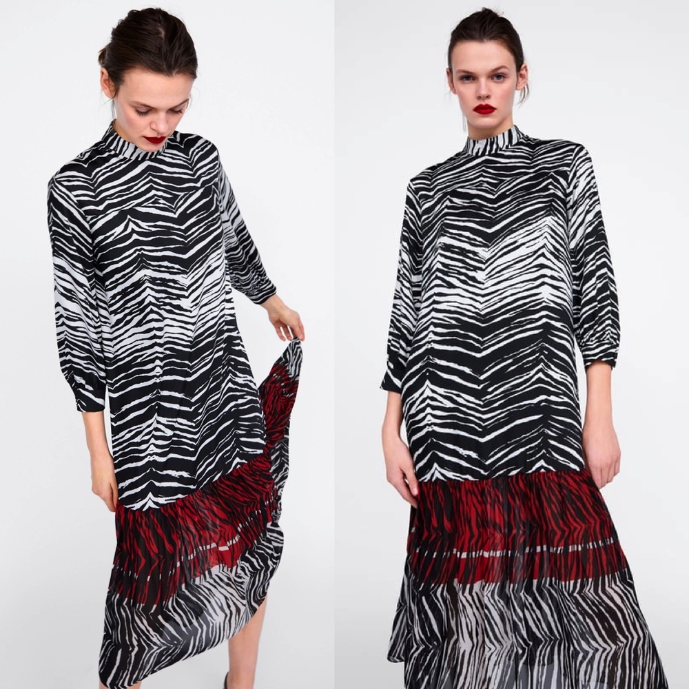 ZARA ANIMAL ZEBRA PRINT FLOATY CONTRAST DRESS BLACK/WHITE/RED SIZE XS NEW
